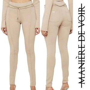 Maniere De Voir Tie Detail Neoprene Zip Ankle Pintucked Leggings In Beige